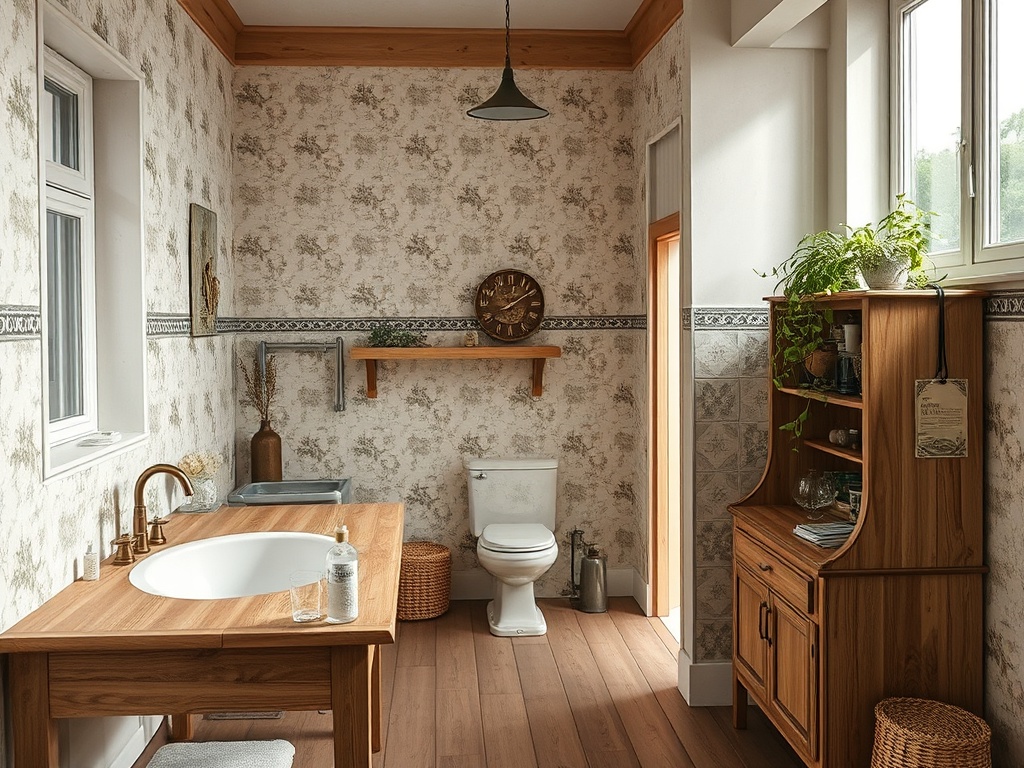 Современная ванная комната с деревянной мебелью, цветочными обоями и ванной у окна.