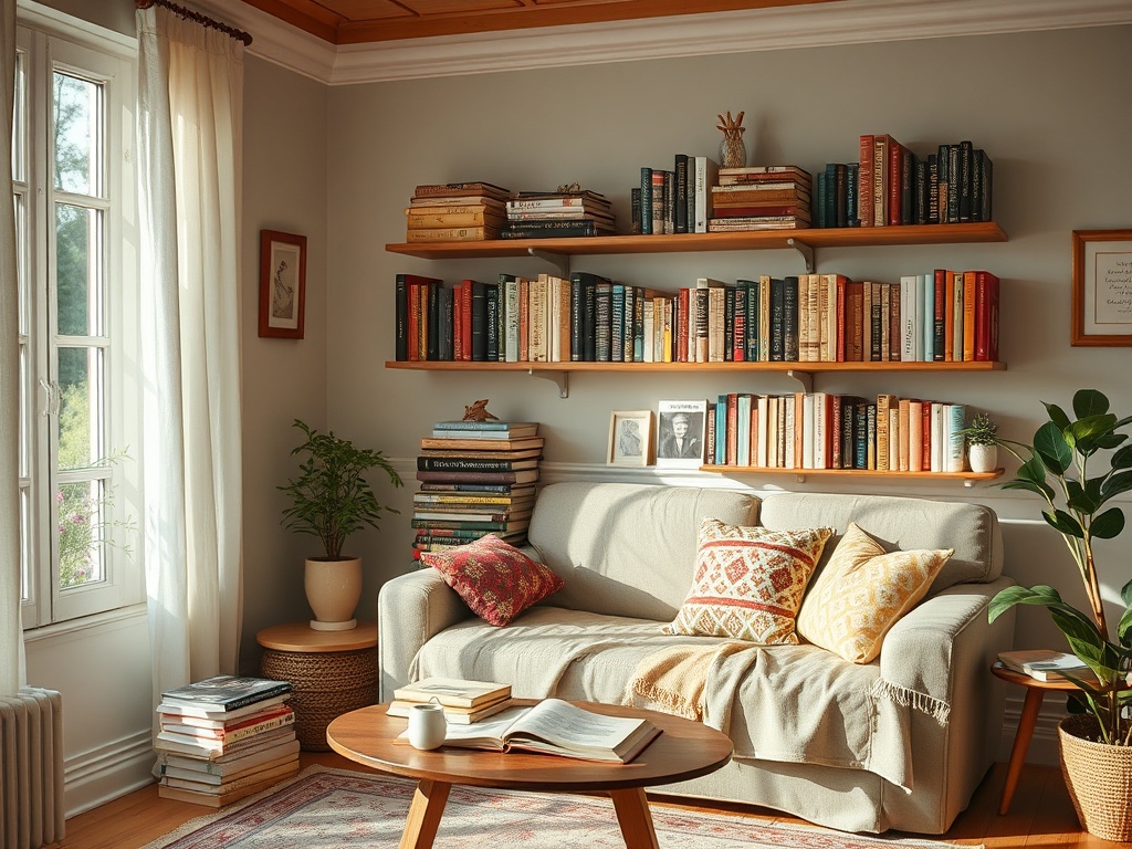 Уютная комната с книжными полками, диваном и растениями, освещенная мягким светом.