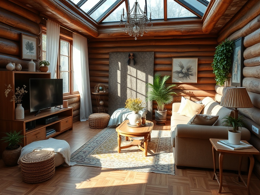 Светлая гостиная с деревянными стенами, уютной мебелью и большими окнами, пропускающими солнечный свет.
