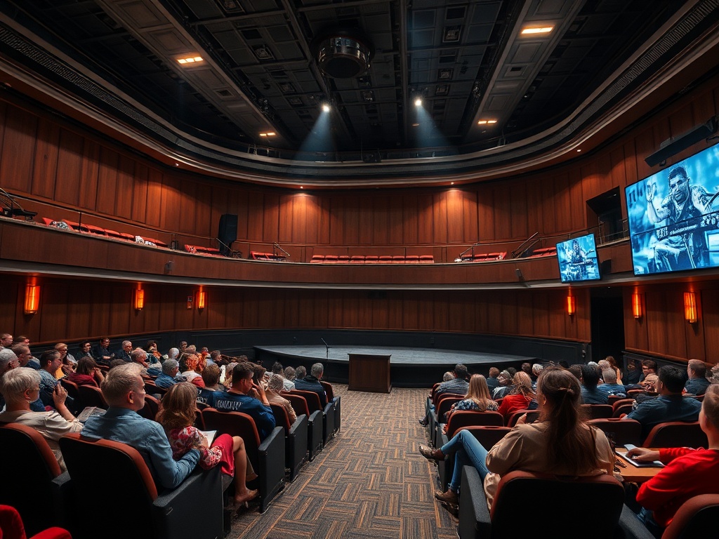 Аудитория с зрителями, ожидающими выступления на сцене. На экранах показывают изображения.