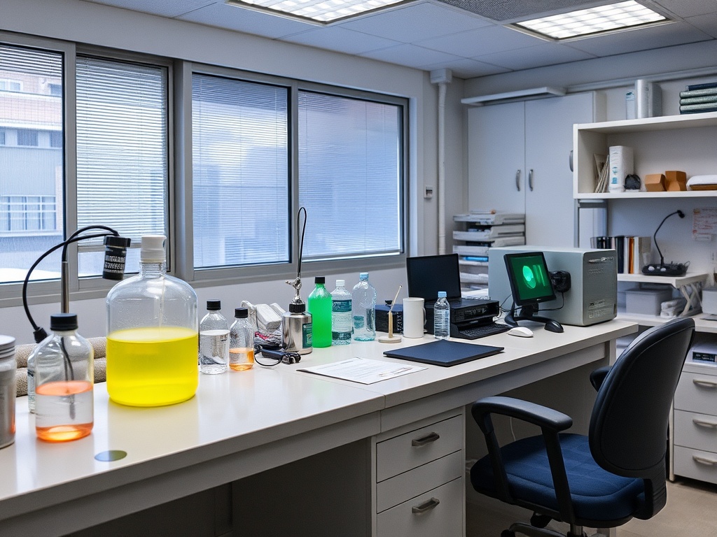 Лаборатория с рабочим столом, на котором располагаются химические вещества и оборудование для исследований.
