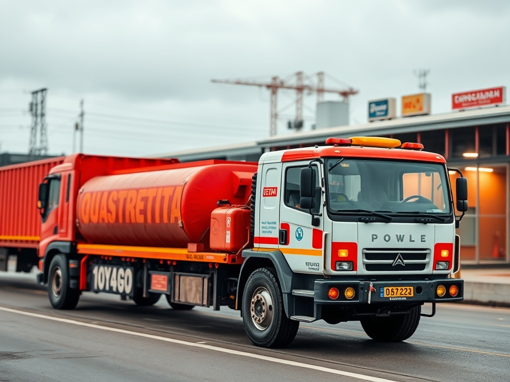 Грузовик с красным цистерной проезжает вдоль дороги, на ней написано "QUASTRETTA".