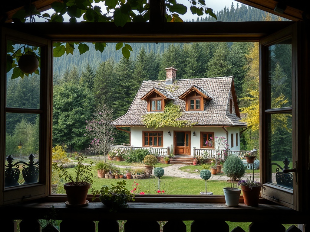 Сарадний домик с зеленым садом и окружением леса, вид из окна на природу и уютный двор.