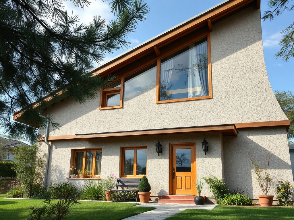 Современный дом с большим окном и зелёным газоном, окружённый растениями и деревьями.