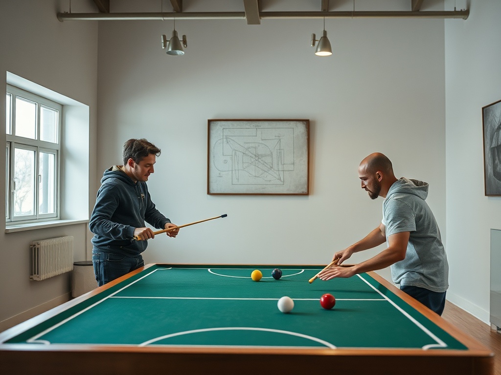Два человека играют в бильярд в светлом помещении с уютной атмосферой. Один из них готовится к удару.