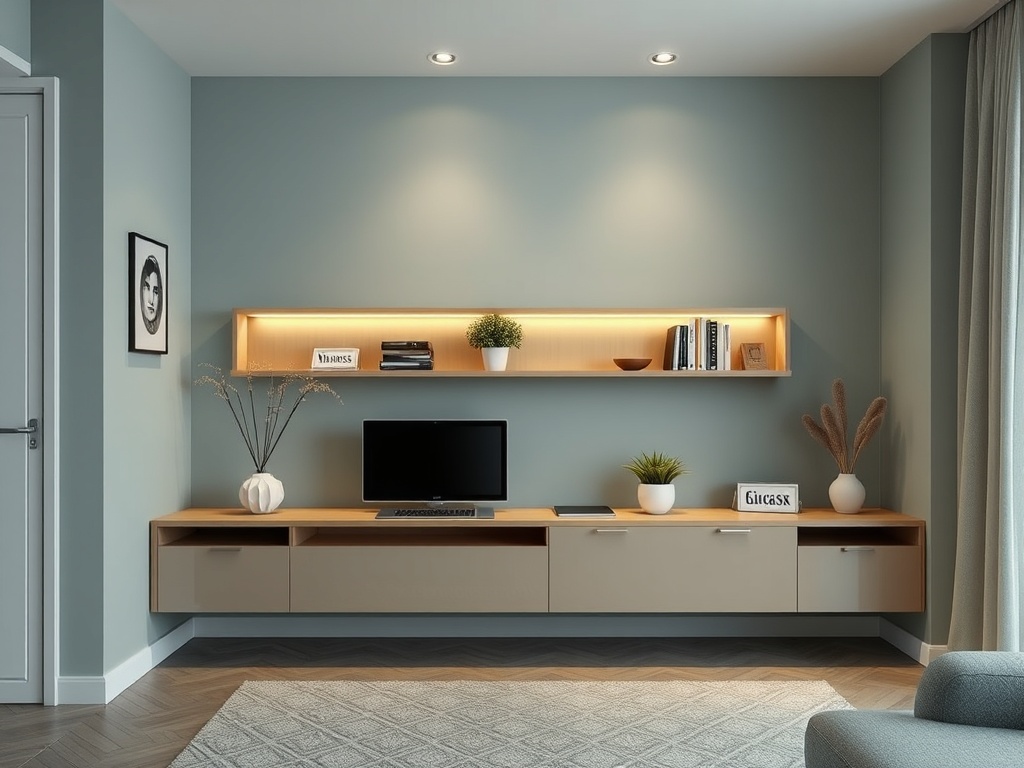 Современный интерьер с телевизором, полкой, книгами и растениями на фоне светло-голубой стены.