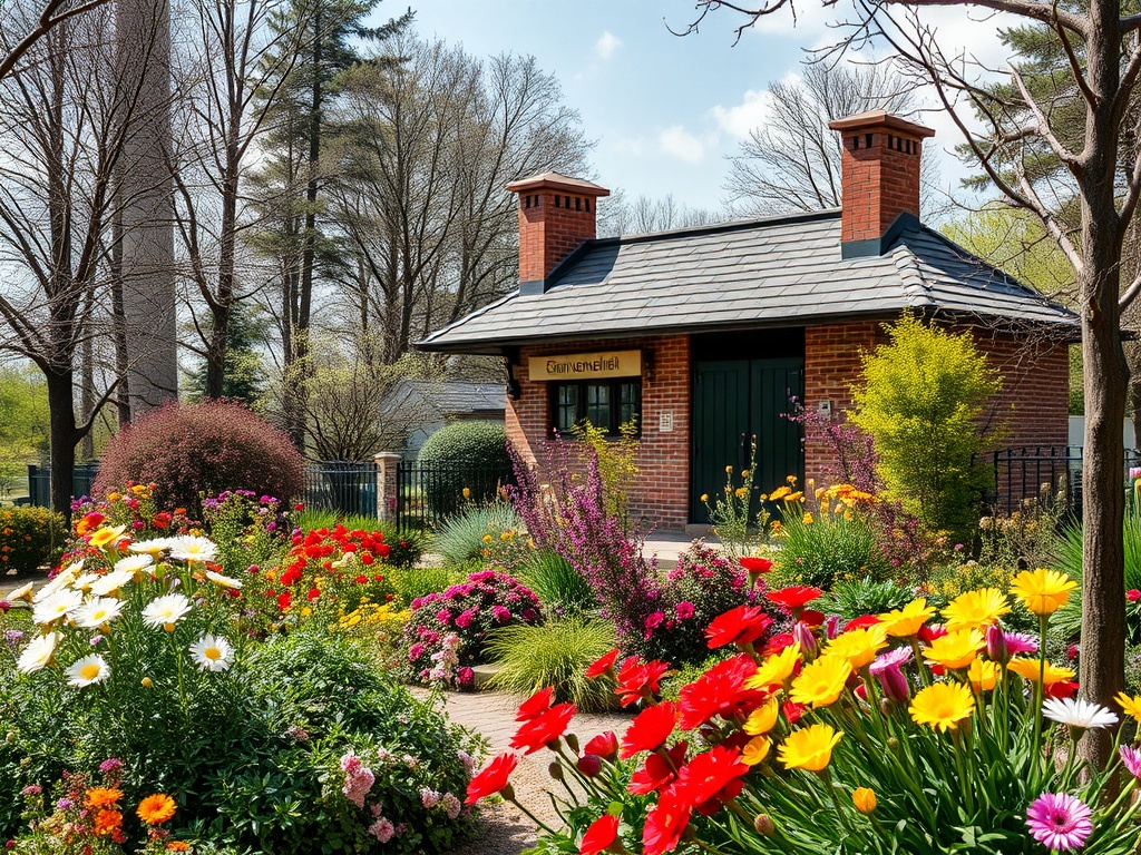 Цветущий сад с яркими цветами и кирпичным зданием на фоне деревьев и ясного неба.