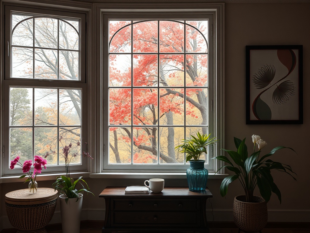 Красивый вид из окна с яркой осенней листвой, комнатные растения и уютная обстановка внутри.