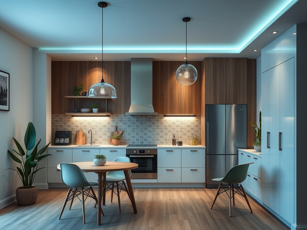 Современная кухня с деревянными шкафами, круглым столом и стульями, мягким освещением и растением.