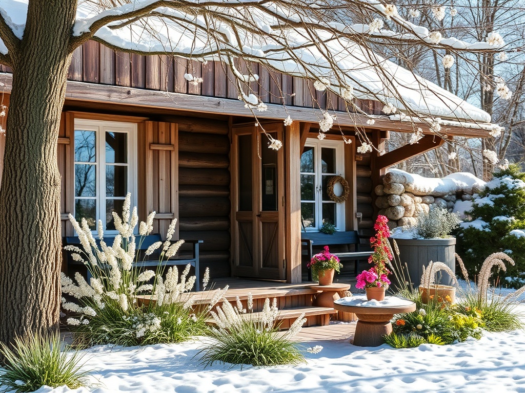 Зимний пейзаж с деревянным домом, украшенным цветами и снегом вокруг. Теплая и уютная атмосфера.