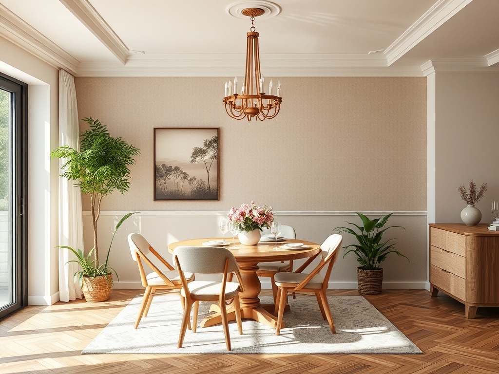 Светлая столовая с деревянным столом, стульями и зелеными растениями. Уютный интерьер с люстрой.
