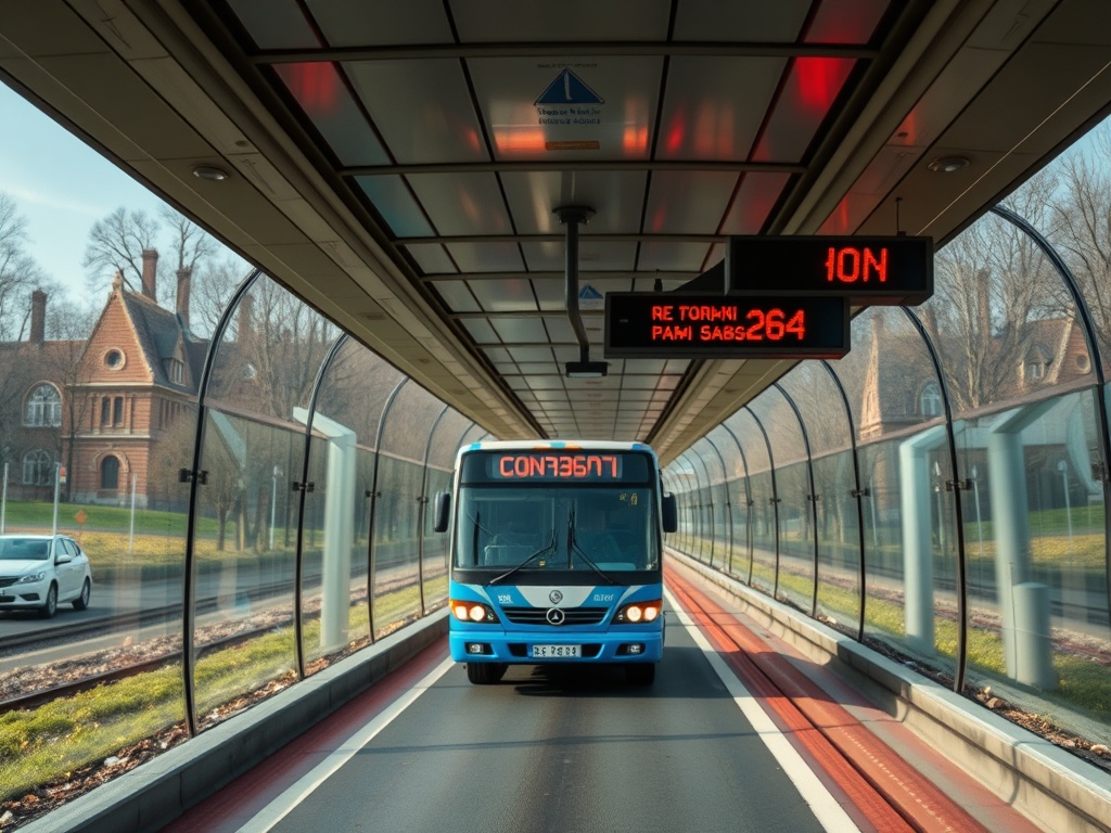 Городской автобус движется по магистрали в огражденном туннеле, с информационным табло над ним.