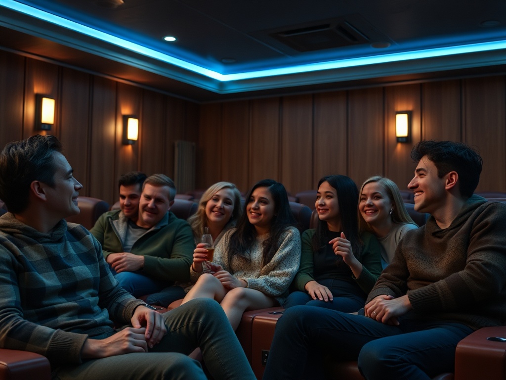 Группа друзей весело общается в театре с домашним кинотеатром, наслаждаясь вечерним досугом.