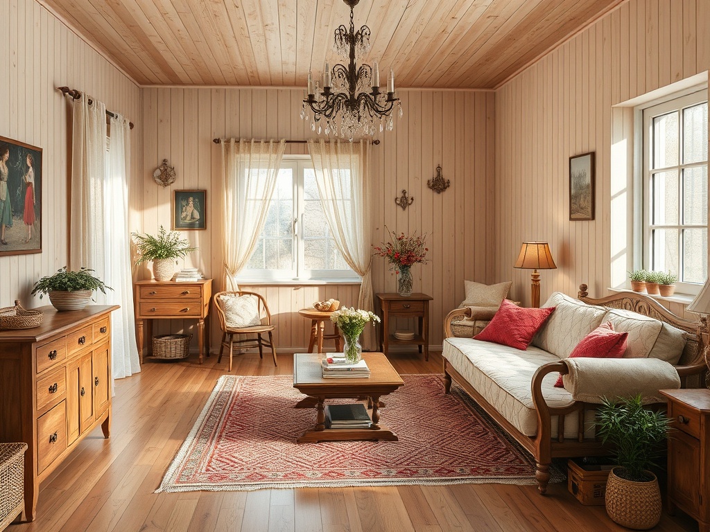 Светлая гостиная с деревянными стенами, уютной мебелью и яркими акцентами на подушках и цветах.