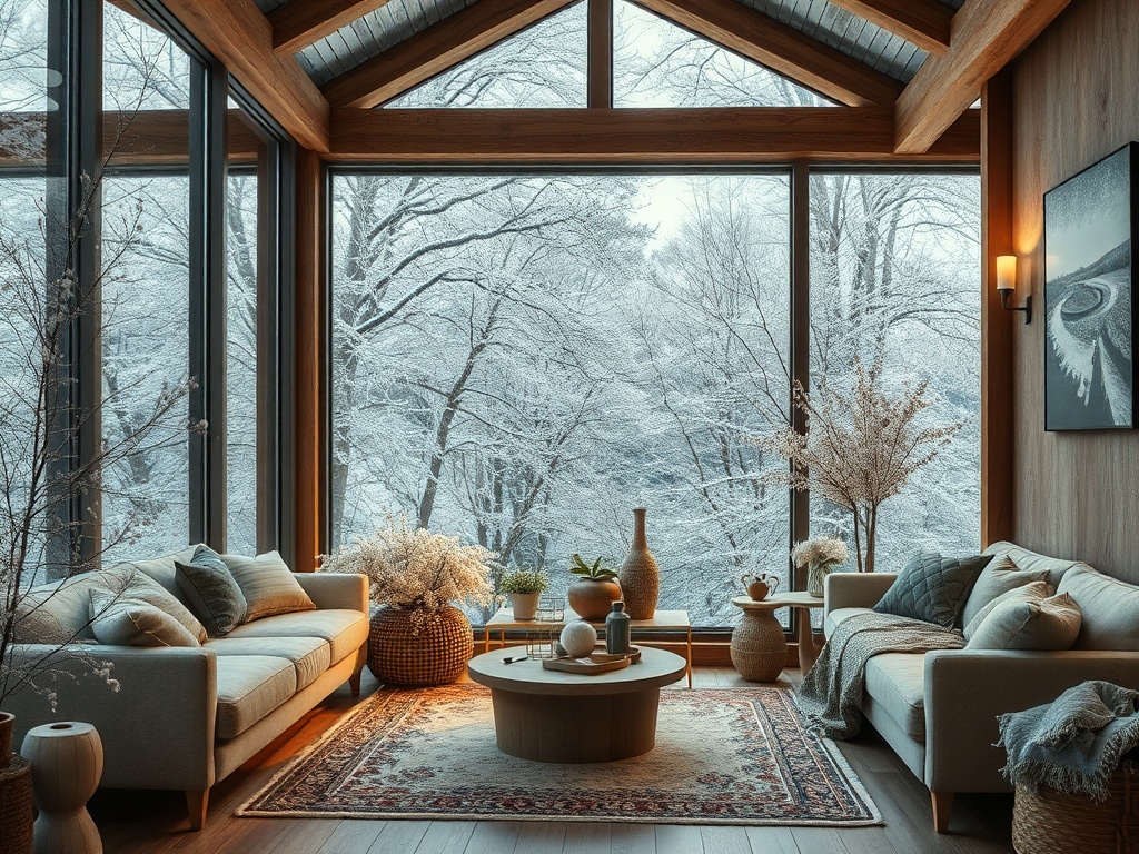Уютная мебель в светлом интерьере с большими окнами, за которыми виден снежный пейзаж.
