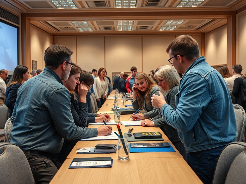 Событие с участниками, обсуждающими идеи и заполняющими документы за длинным столом.