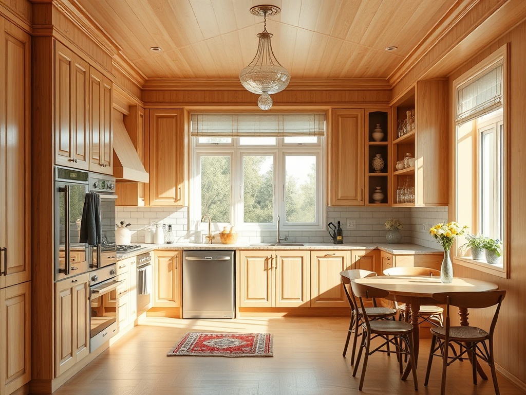 Светлая кухня с деревянными шкафами, обеденным столом и окном, через которое проникает солнечный свет.