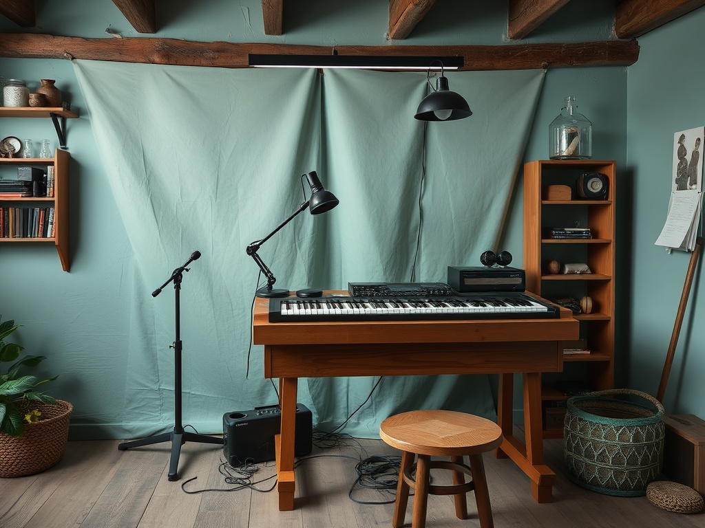 Студия с музыкальным инструментом, микрофоном, светом и полкой с книгами в спокойных пастельных тонах.