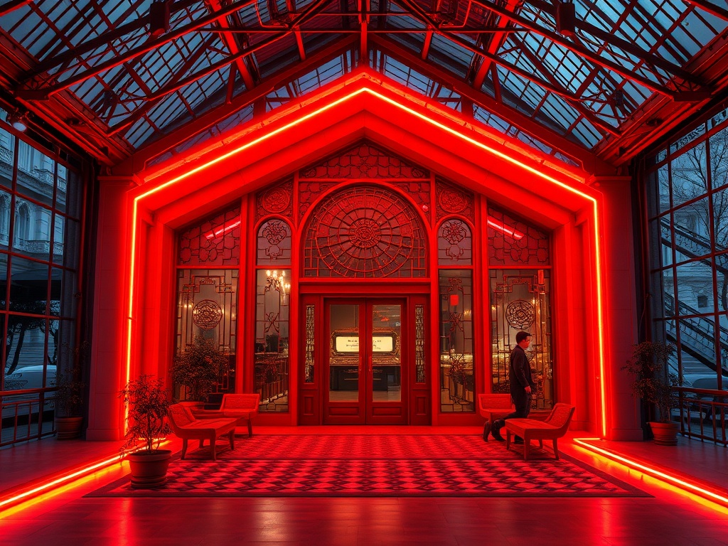 Интерьер с красной подсветкой, высокие окна, мозаичный пол и человек, стоящий у входа.