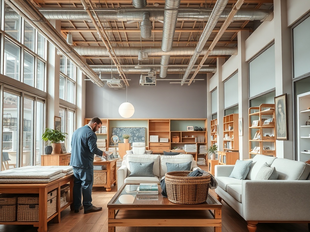 На изображении уютный интерьер с библиотекой, диванами и человеком, изучающим материалы.