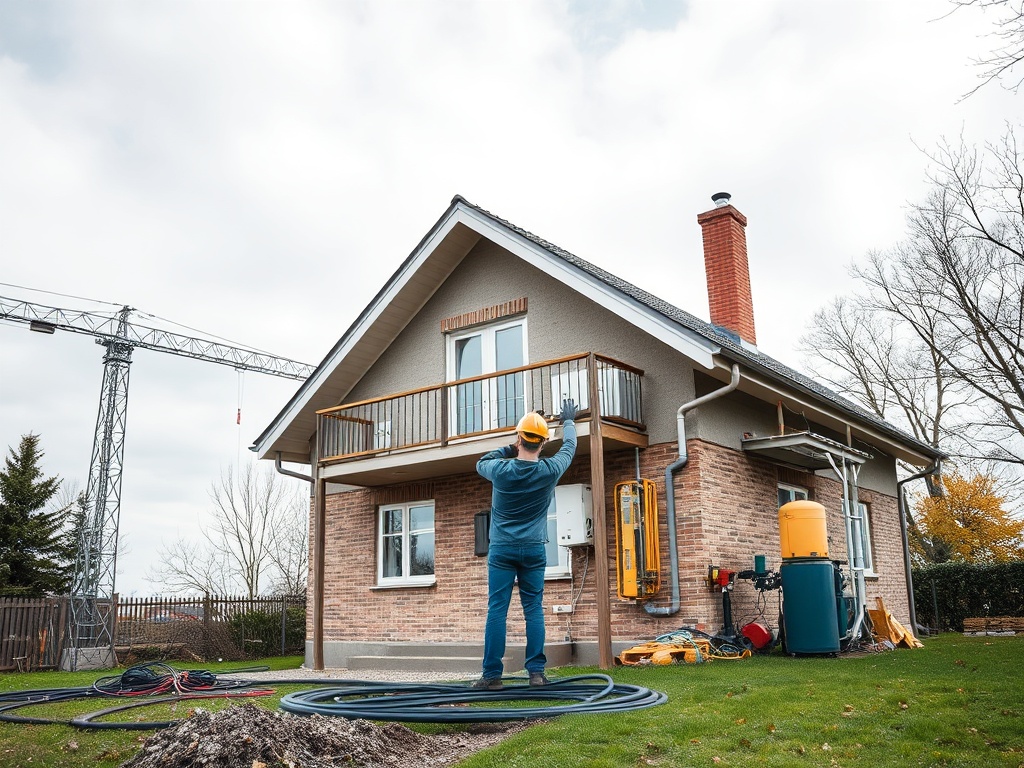 Рабочий выполняет отделочные работы на балконе дома, рядом строительный кран и инструменты для работы.