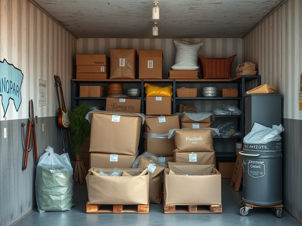 Хранилище с коробками, корзинами и упаковками, организованное на полках и в углу.
