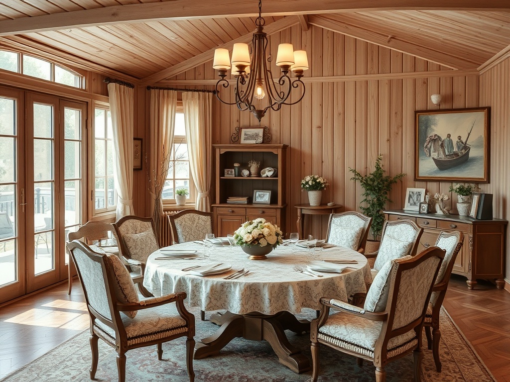 Красивая столовая с деревянными стенами, круглым столом и уютными стульями, оформленная в классическом стиле.