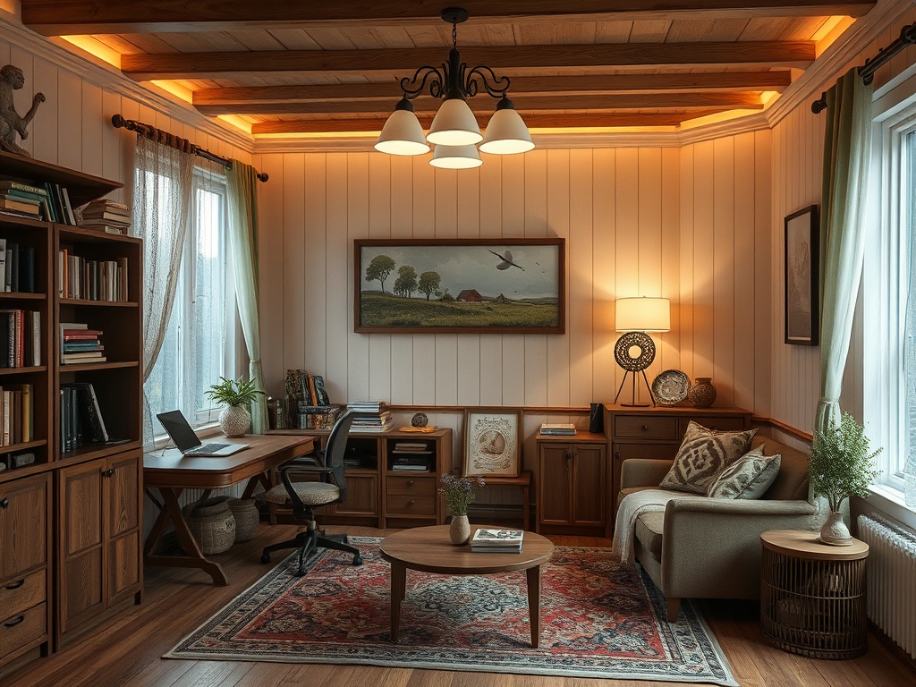 Уютный домашний офис с деревянными элементами, ярким освещением и стильной мебелью. 