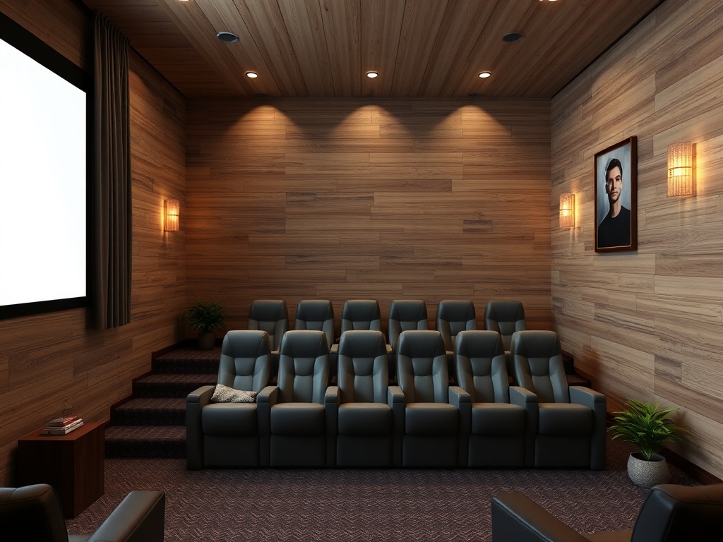 Комната для просмотра фильмов с темной мебелью, удобными креслами и экраном для проекции.