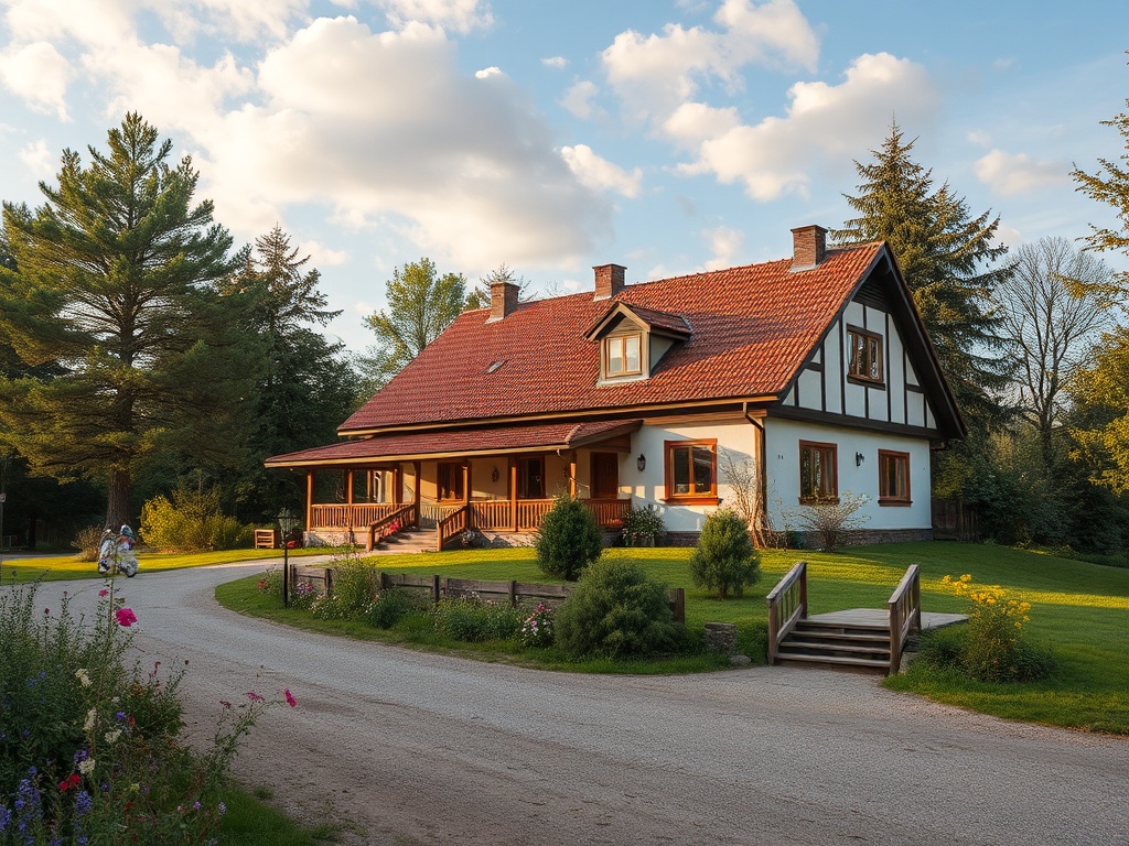 Большой дом с красной крышей, окруженный greenery и деревьями, на фоне ясного неба и облаков.