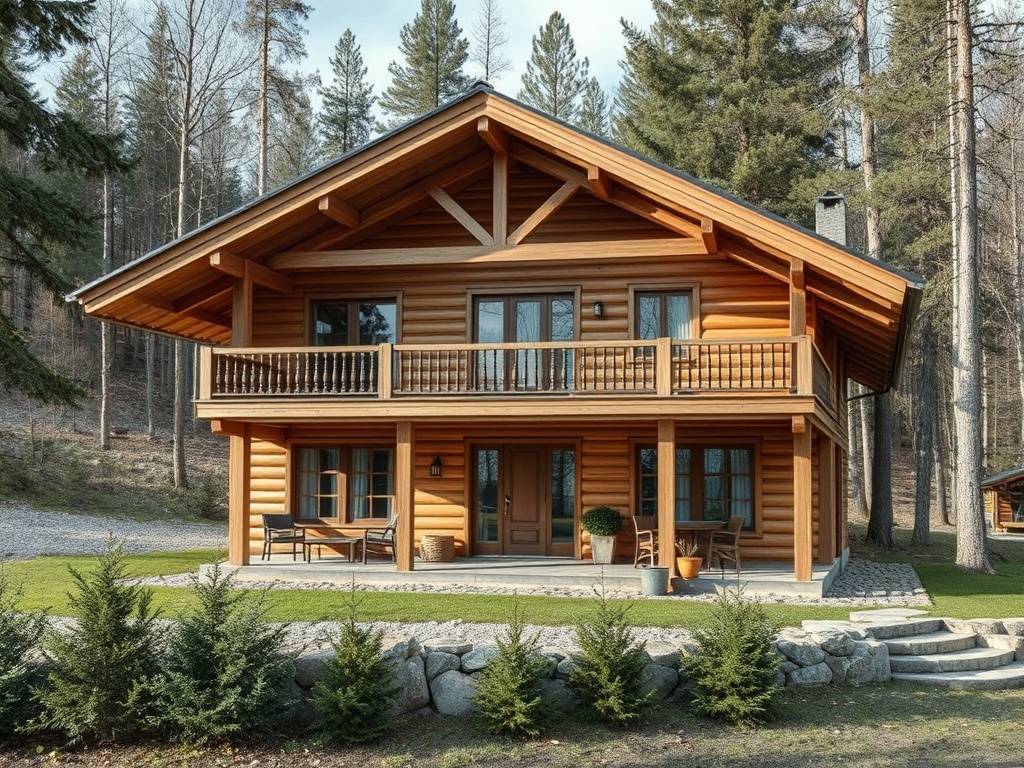 Деревянный дом с балконом, окружённый лесом и зелёной территорией. Спокойная и уютная обстановка.