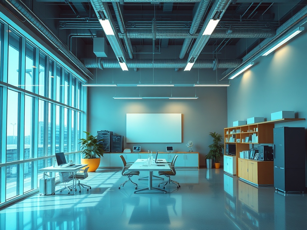 Современный офис с большими окнами, столом, стульями и книжными полками. Светлое и просторное пространство.