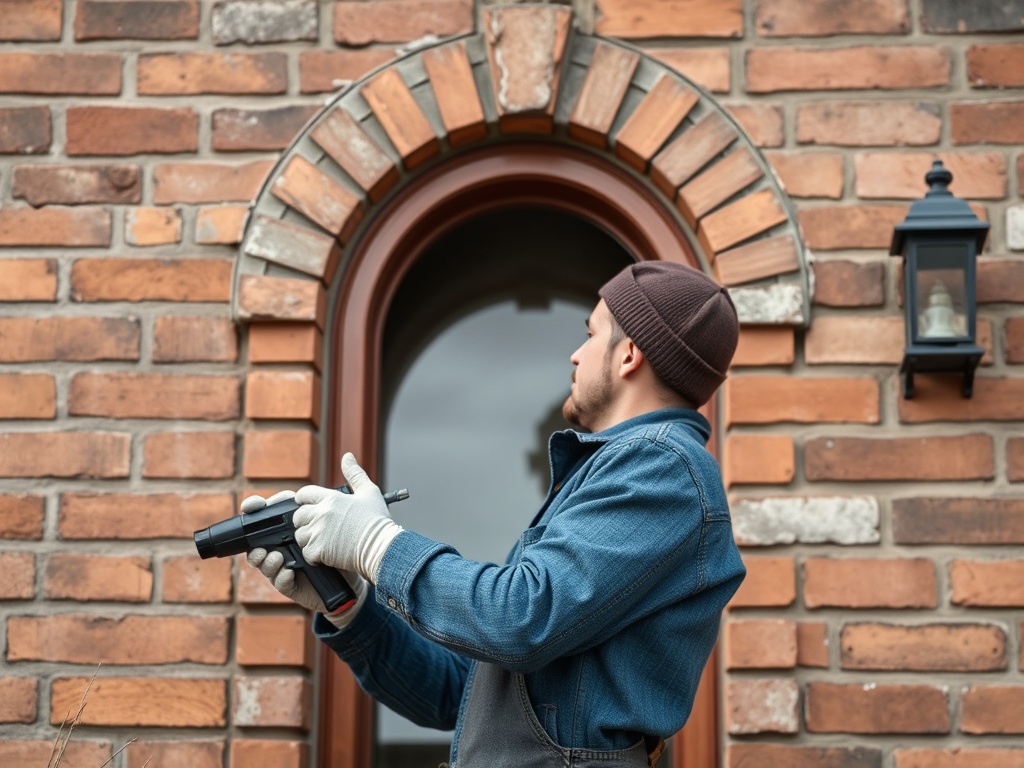Мужчина в перчатках устанавливает оконную рамку на кирпичную стену дома.